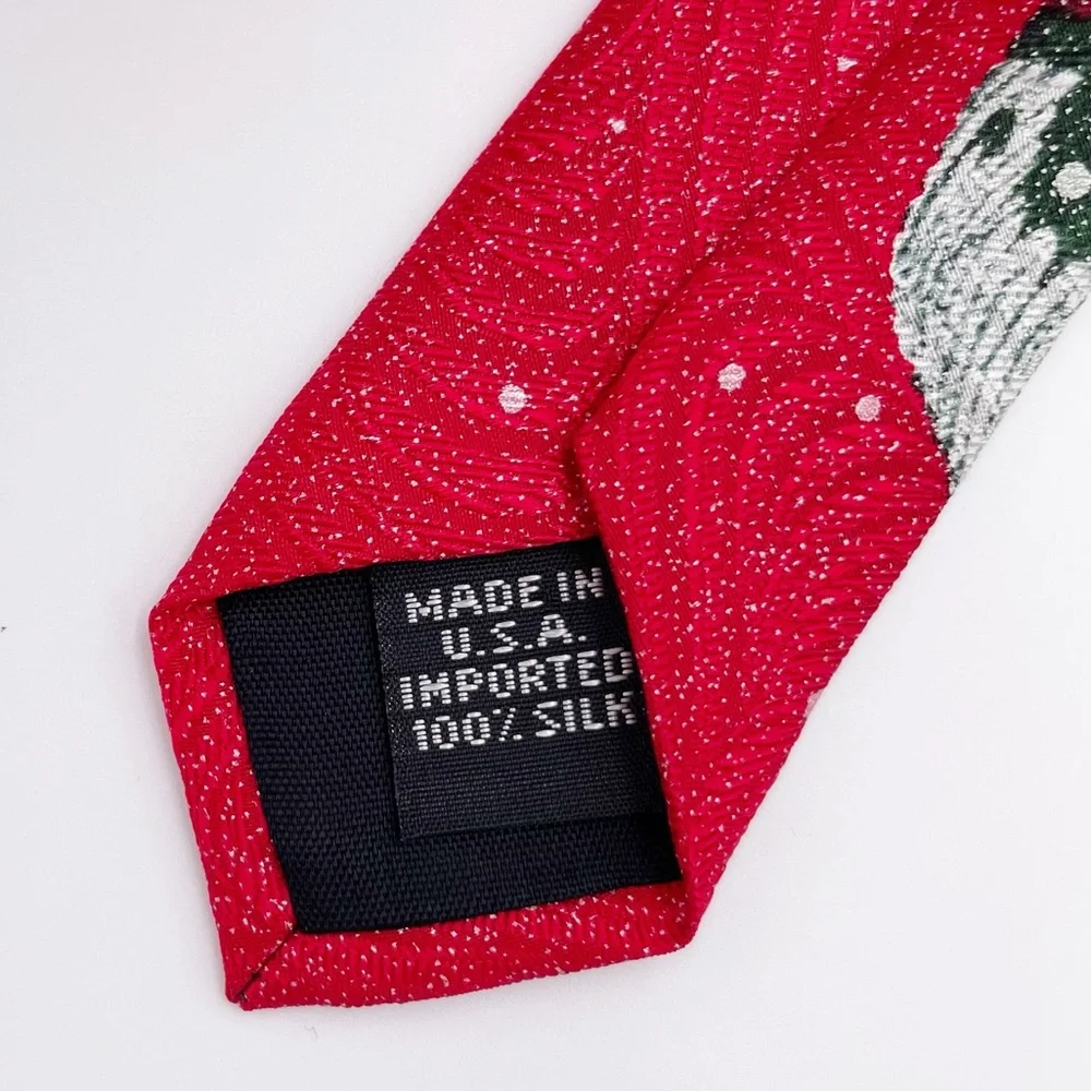 Vintage St. Nicks Tie Shop White Christmas Dog Stocking Red 100% Silk Men's Tie
